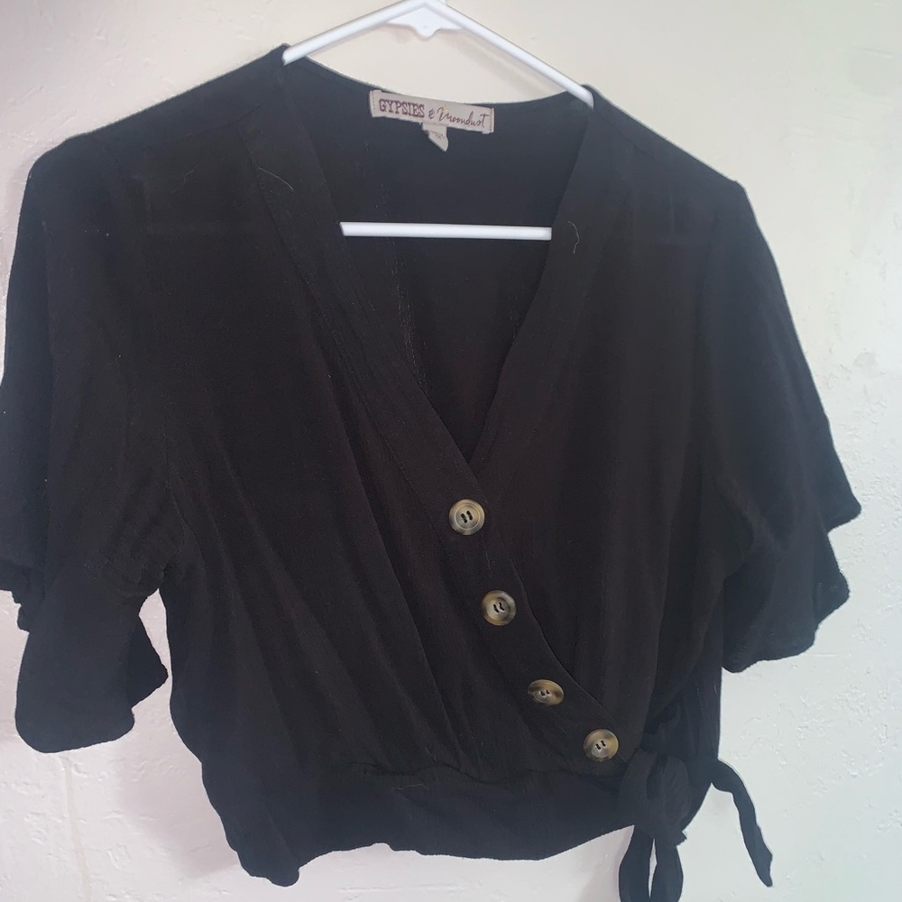 Gypsies & Moondust Black Button Up Tie Crop Top